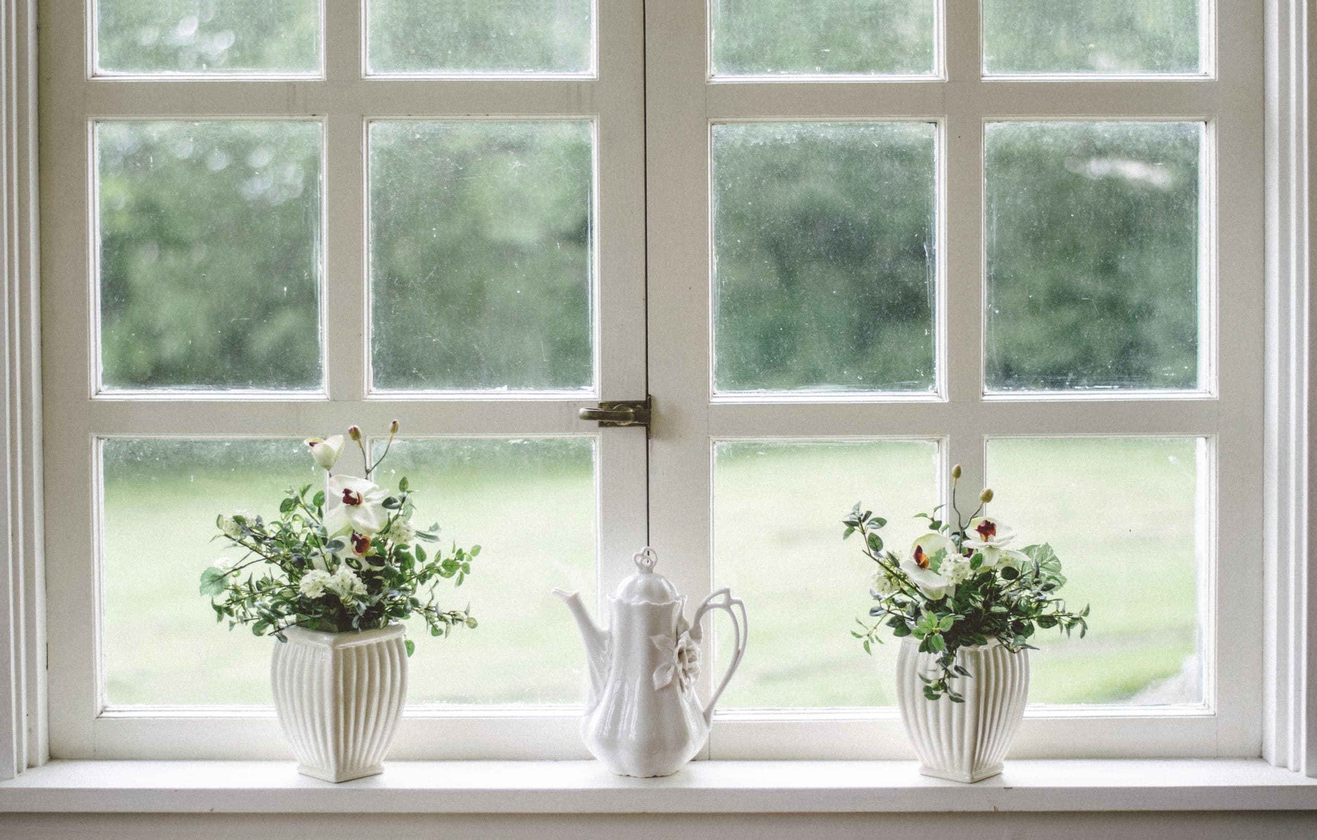 Fenêtre blanche avec pots de fleurs